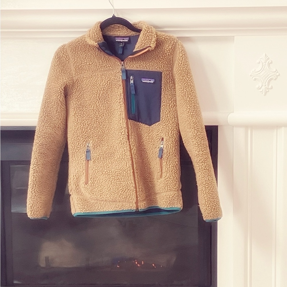 Tan Sherpa Fleece Jacket with Navy Accents Patagonia